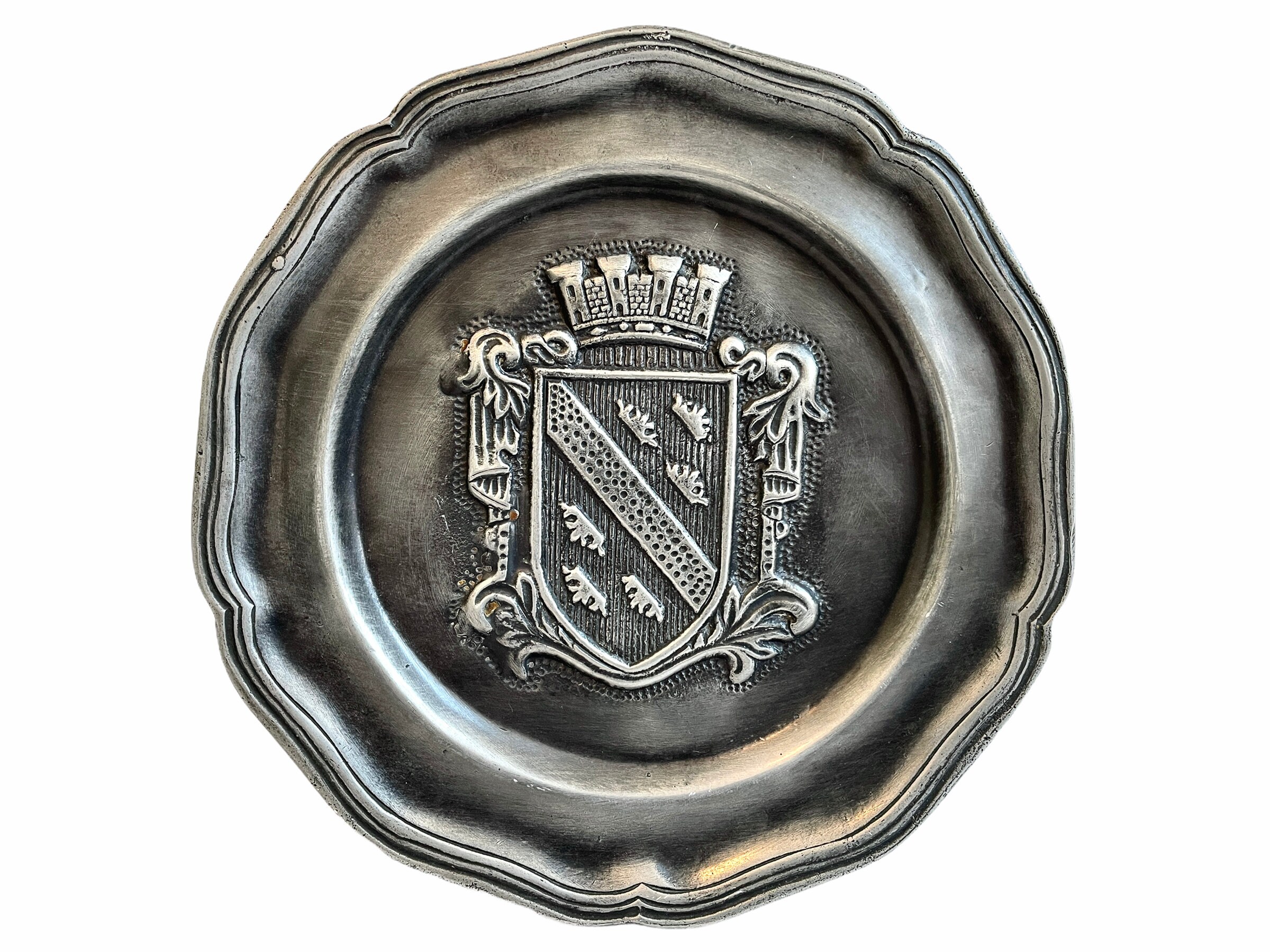 Vintage French Heavy Round Ornate Shield Crest Pewter Plate Etsy