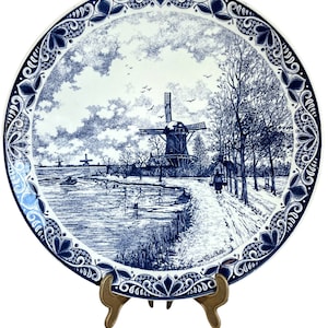 Vintage Dutch Original Blauw Delfts Handmade White Blue Extra Large Dinner Plate Hanging Wall Display Windmill circa 1970-80&#39;s / EVE