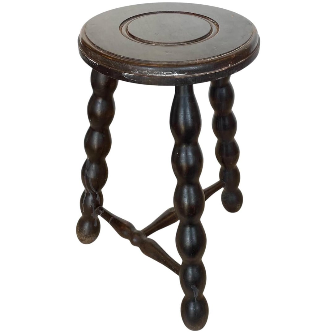Vintage French Milking Stool Wooden Bobbin Leg Braced Round Shaped Seat ...