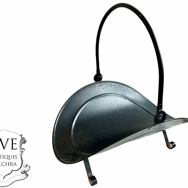 Vintage French Log Basket Carrier Fireplace Iron Metal Wood Holder Stacker Fire Place Black Basket Stand circa 2000's / EVE