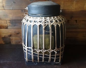 Vintage South East Asian traditional handmade large storage woven wicker lacquered basket food display circa 1950-60's / EVE of Europe