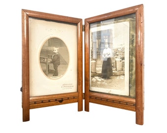 Vintage French Wooden Double Photo Frame Holder Frame Document Presentation Decor Display c1920-30's / EVE