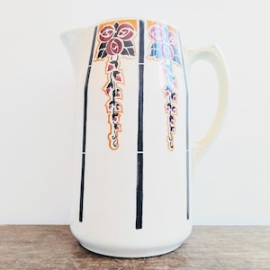 Vintage French Ceramic Large White Black Bergundy Amber Decorated Watering Table Dinner Water Jug Carafe Pitcher Vase c1950&#39;s / EVE Europe