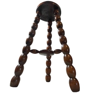 Vintage French Tall Chunky Breton Style Stool Seat Wood Round Shaped Seat Braced Bobbin Leg Plant Rest Stand Plinth Tabouret c1970&#39;s / EVE
