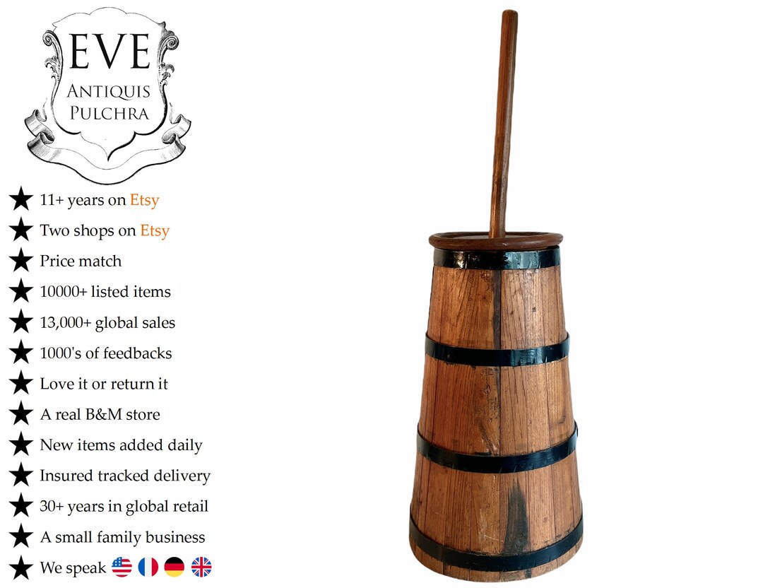 Vintage French Refurbished Dark Wooden Butter Barrel Churn Heavy Farmer Jug Vase Hallway Walking
