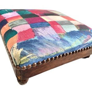 Vintage French Stool Cushioned Small Tiny Wooden Wood Side Stand Foot Rest Design Tabouret c1950-60&#39;s / EVE