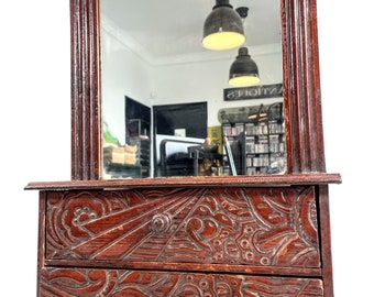 Antique French European Hanging Mirror Display Shelf Drawer Wooden Wood Sideboard Standing Varnished Decorated Drawers c1920-30's / EVE