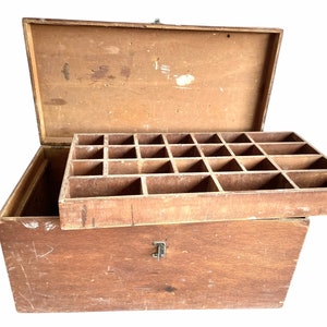 Vintage French Home Made Rustic Wooden Wood Tool Screw Nail Pot Carrier Holder Sorter Display Toolbox Handyman Box c1950-60's / EVE England