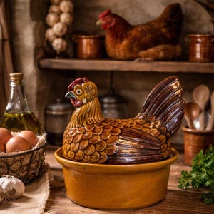 May include: A ceramic chicken-shaped casserole dish in shades of brown and yellow. The dish is in the shape of a hen, with detailed feather and head features. A rustic kitchen scene includes eggs, garlic, and a shelf with a decorative chicken.