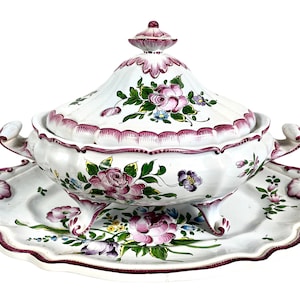 Vintage French Faience Onion Soup Stew Serving Tureen Traditional Large Ceramic Terrine Bowl Plate Dish Pot circa 1960-70&#39;s / EVE