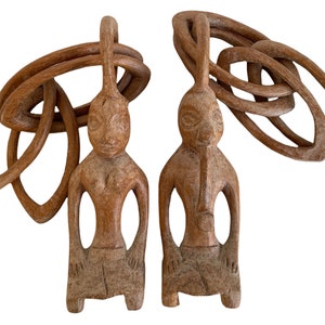 Vintage African Woman Man Wood Wooden Decorative Ornament Figurine Decorative Chain Africa Art Sculpture Fertility circa 1970-80&#39;s / EVE