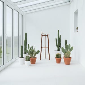 Peut inclure: Intérieur lumineux avec une collection de cactus de différentes tailles dans des pots blancs et en terre cuite. Un support en bois avec un oiseau décoratif. La pièce a de grandes fenêtres et une esthétique minimaliste.