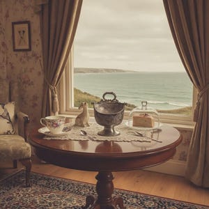 Pode incluir: Uma mesa redonda de madeira escura com uma chávena e pires, um recipiente de prata decorativo, um bolo sob uma cúpula de vidro e uma figura de cão de cerâmica. A mesa está perto de uma janela com vista para o mar.