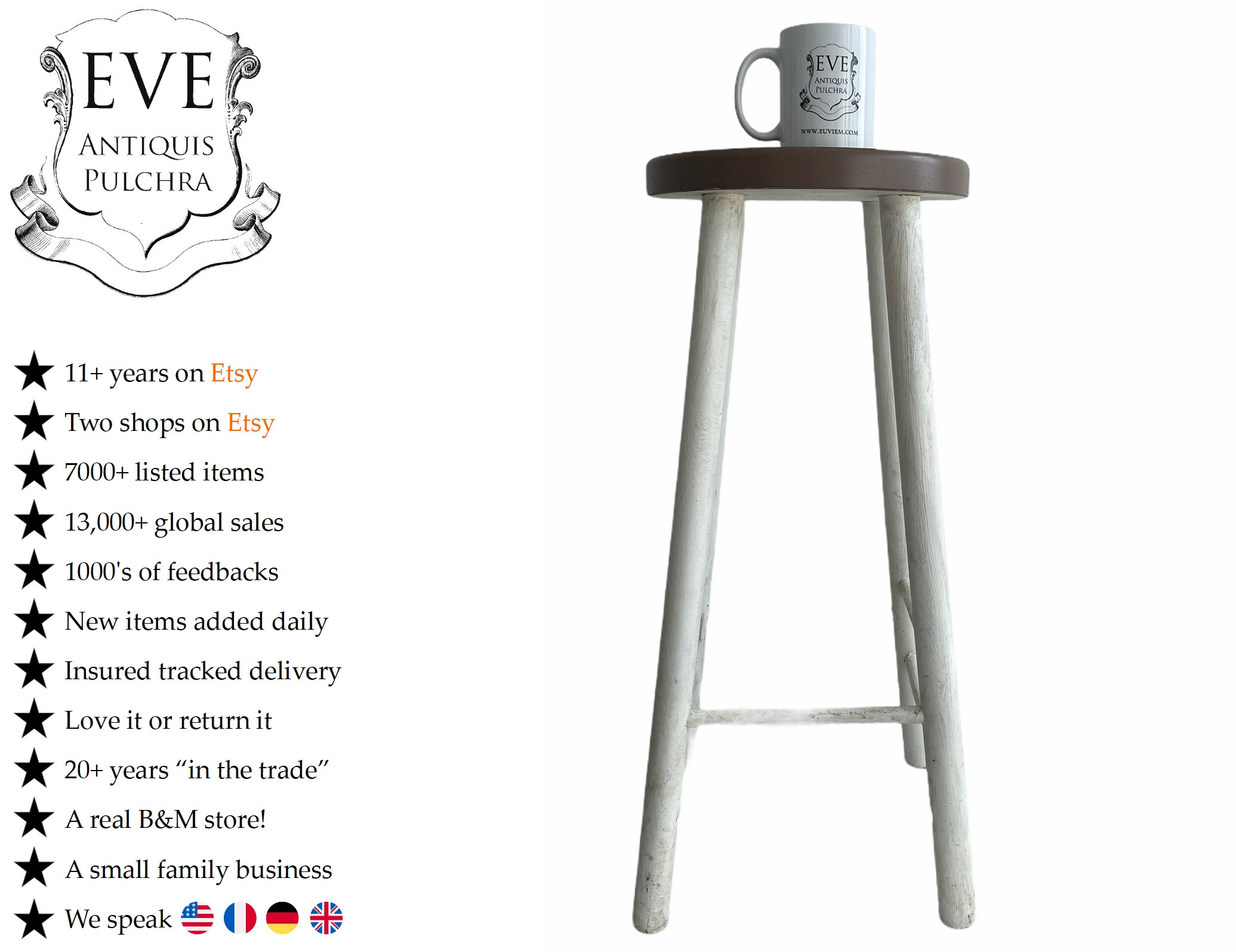 Vintage French Tall Wooden Wood White Stool Chair Seat Kitchen Side Table Kitchen Flower Pot Stand Display Prop Tabouret circa 1980's / EVE