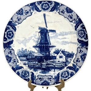 Vintage Dutch Original Blauw Delfts Handmade White Blue Extra Large Dinner Plate Hanging Wall Display Windmill circa 1970-80&#39;s / EVE