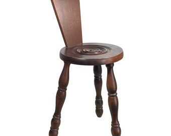 Vintage French Breton Style Wooden Wood Milking Stool Chair Seat Kitchen Table Plinth With Backrest circa 1950-60's / EVE