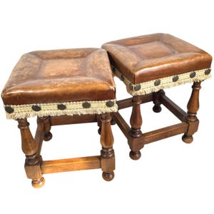 Vintage French Stool Rest Leather Topped Wooden Bench Seat Table Stand Display Prop Worn Furniture c1980-90&#39;s / EVE