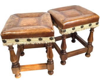 Vintage French Stool Rest Leather Topped Wooden Bench Seat Table Stand Display Prop Worn Furniture c1980-90's / EVE