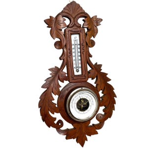 Vintage French Ornately Carved Wooden Back Metal Wood Barometer Barometre Weather Forecasting Instrument Hanging Wall c1950&#39;s / EVE