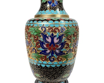Vintage Chinese Blue Gold Cloisenee Cloisonné Vase On Wooden Stand enamelled pot urn display decorative c1980-90's / EVE