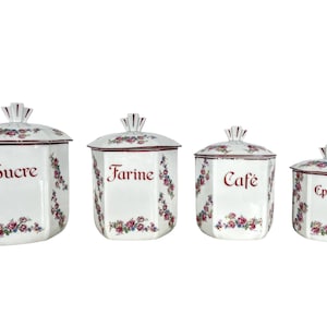 Vintage French Flour Sugar Coffee Spices Canister Storage Ceramic Set Pot Jar Tin Set circa 1950-60&#39;s / EVE