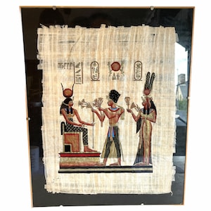 Vintage Egyptian Print On Papyrus Type Paper Wall Hanging Picture Image Ornament Souvenir Framed Glass Fronted circa 1990&#39;s / EVE of Europe