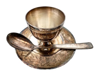 Vintage French Small Metal Egg Cup Saucer Spoon Tarnish Patina circa 1930-40's / EVE