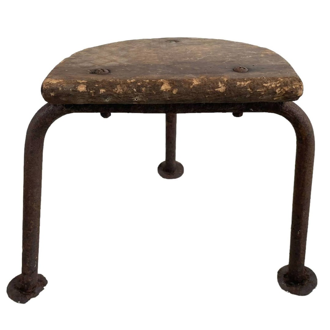 Vintage French Small Milking Stool Wooden Rusty Metal Step Chair Seat ...