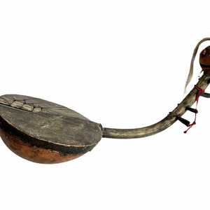 Può includere: Uno strumento musicale in legno con un corpo di zucca e un collo lungo. Il collo ha una serie di corde e una testa di zucca scolpita con un viso dipinto.