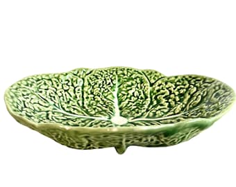 Vintage Portugese Green Cabbage Leaf Design Large Bowl Dish Platter Plate Ceramic Catch-All Trinket Fruit Serving circa 1960-70's / EVE