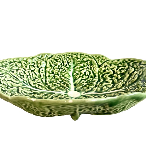 Vintage Portugese Green Cabbage Leaf Design Large Bowl Dish Platter Plate Ceramic Catch-All Trinket Fruit Serving circa 1960-70's / EVE