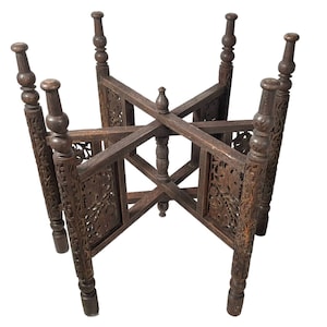 Vintage Medium Large Indian Ornate Wooden Folding Table Tray Legs Support Stand Plinth Dark Wood circa 1960-70&#39;s / EVE