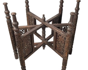 Vintage Medium Large Indian Ornate Wooden Folding Table Tray Legs Support Stand Plinth Dark Wood circa 1960-70's / EVE