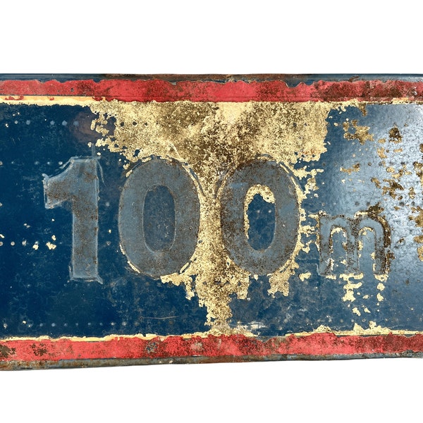 Vintage Français bleu rouge arrêt 100 m mètre métal panneau routier panneau d'avertissement passage à niveau agricole ferme piste c1960-70's / EVE
