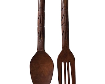 巨大な木製フォークとスプーンの壁飾り：ポリネシア彫刻カトラリー（20