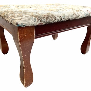 Vintage French Stool Cushioned Small Tiny Wooden Wood Side Stand Foot Rest Footrest Plinth Design Tabouret c1970-80&#39;s / EVE