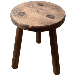 Vintage French Small Simple Milking Stool Wooden Triple Leg Foot Rest Round Seat Stand Table Rustic Rural Tabouret circa 1950-60&#39;s / EVE