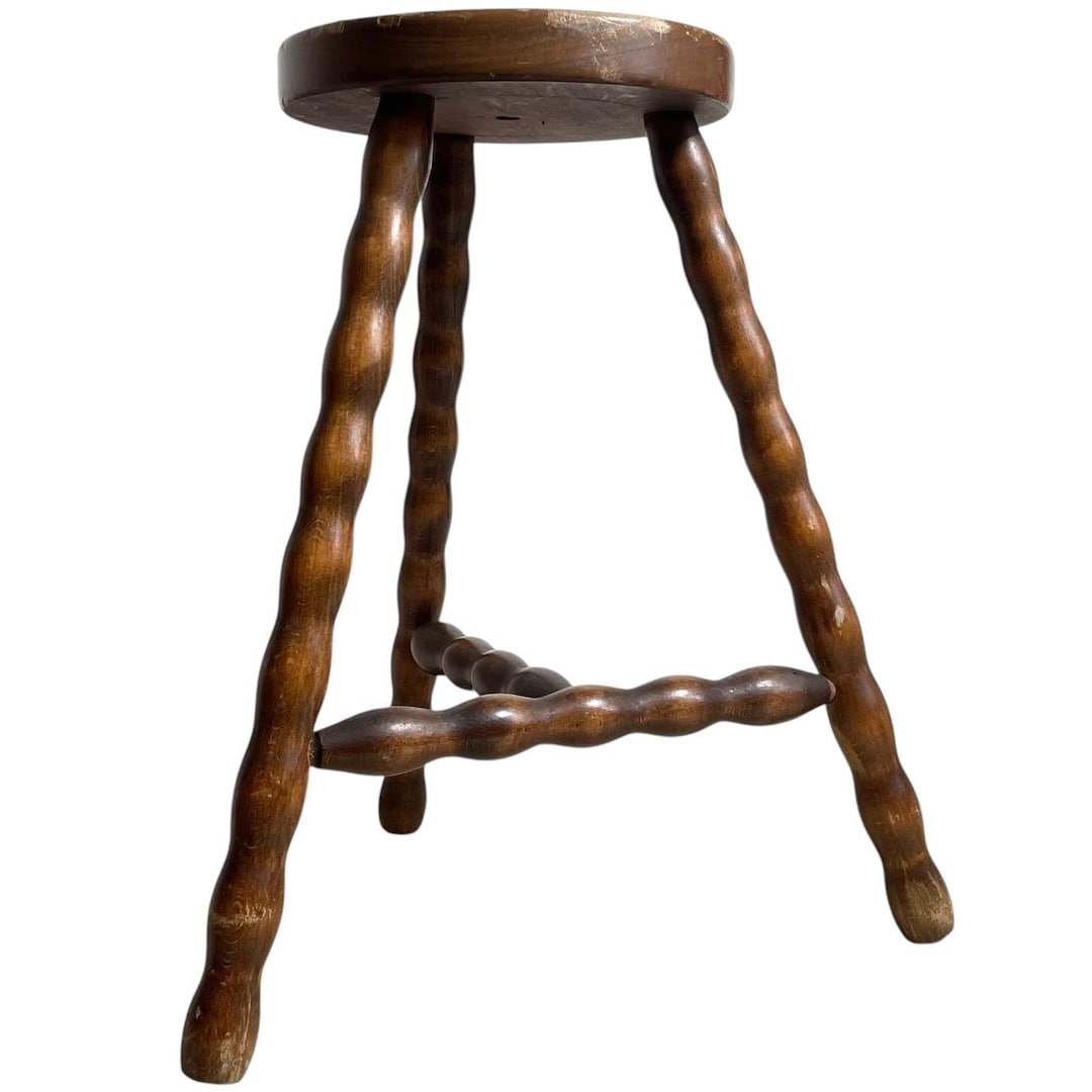 Vintage French Milking Stool Wooden Bobbin Leg Braced Round Shaped Seat ...
