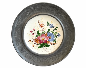 Vintage French Heavy Plate With Pewter Surround Hand Painted Flowers charger platter serving display wall hanging c1960's / EVE of England