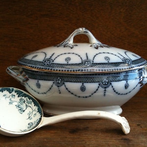 Antique English Blue and White Terrine Bowl with Mismatched Ladle circa 1910's / EVE of Europe image 1