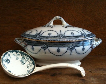 Antique English Blue and White Terrine Bowl with Mismatched Ladle circa 1910&#39;s / EVE of Europe