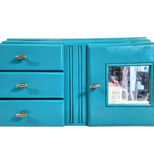 Vintage French Refurbished Wooden Wall Mounted Or Standing Aqua Bathroom Mirror Cabinet shelf storage box cupboard circa 1950-60&#39;s / EVE