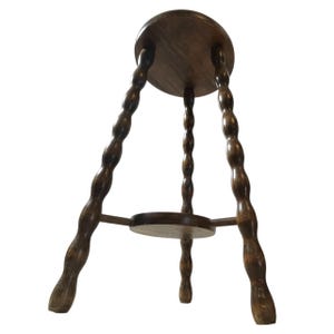 Vintage French Tall Breton Style Stool Seat Wood Kitchen Round Shaped Seat Braced Bobbin Leg Plant Rest Stand Plinth Tabouret c1960&#39;s / EVE