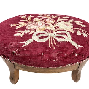 Vintage French Cushioned Bench Foot Stool Red Pink Rose Padded Bench Wooden Wood Chair Seat Side Prop Display Cross Stitch c1950&#39;s / EVE