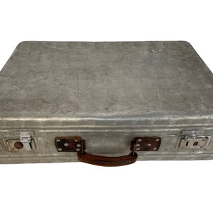 Vintage French Metal Aluminium Suitcase Travel Hard Protective Case bag storage display prop damaged circa 1960-70&#39;s / EVE