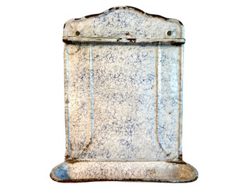 Vintage French White Blue Rusty Metal Spoon Tool Hanging Rack Kitchen Storage Display Drip Tray Wall Hanger c1940-50's / EVE