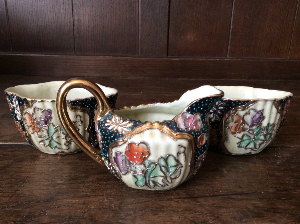 Vintage Japanese Creamer and Condiment Black Gold Jug Bowl Etsy
