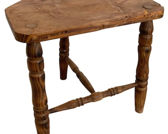 Vintage French Tripod Stool Chair Seat Wooden Milking Kitchen D Shaped Seat Braced Leg Rest Stand Plinth Farmhouse Tabouret c1950-60's / EVE