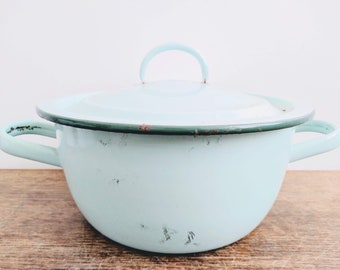 Cacerola/cacerola francesa vintage de esmalte azul verdoso, utensilios de cocina tradicionales de los años 40-50 / EVE of Europe