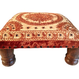 Vintage Indian Stool Wooden Mirror Sequins Bench Seat Footrest Foot Rest Small Table Stand Display circa 1980-90&#39;s / EVE of England